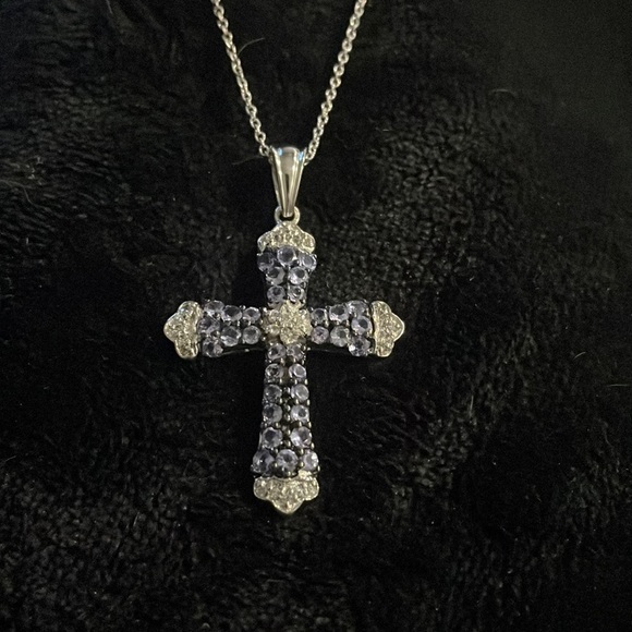 Colleen Lopez Jewelry - Tanzinite & Zircon sterling silver cross necklace by Colleen Lopez